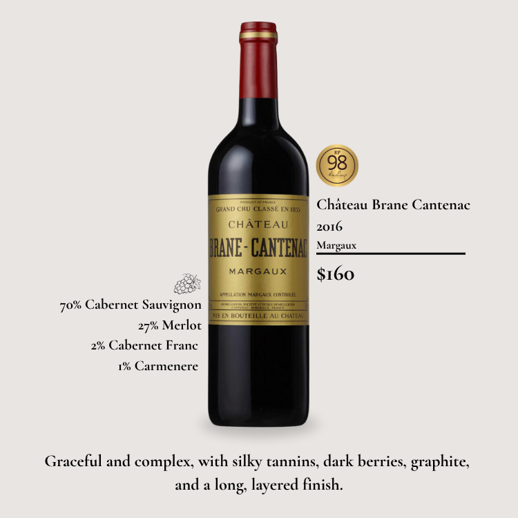 Château Brane-Cantenac, a 2nd Growth Margaux estate, known for its graceful structure, dark berries, silky tannins, and complex, layered finish.