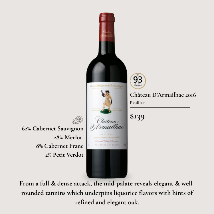 Bottle of Château d’Armailhac 2016, a Pauillac Fifth Growth wine showing dark berries, tobacco, and refined tannins.