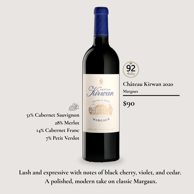 Château Kirwan, a 3rd Growth Margaux estate, showcasing lush black cherry, violet, and cedar notes in a modern, polished style.